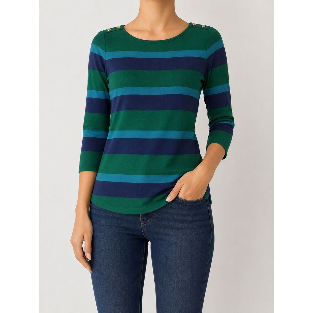 Banana Republic Green Blue Striped Knit Top Women's Size L Gold Button Shoulders